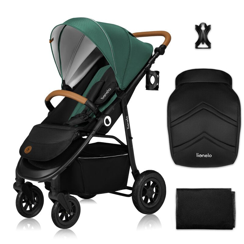 Carucior sport, Lionelo, Natt, De la nastere, Cu accesorii si capotina XXL reglabila, 0 - 22 kg, Conform cu standardele europene de securitate EN1888-1, EN1888-2, Verde - gogobaby.ro