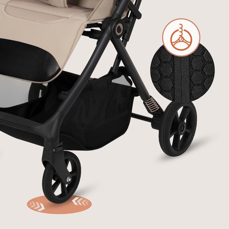 Carucior sport, Lionelo, Tansi, Pliere automata, Ultracompact, Manevrare cu o mana, Roti cu tehnologie GravelTech, Spatar si suport picioare reglabile, 6-48 luni, Sustine 22 kg, Bej