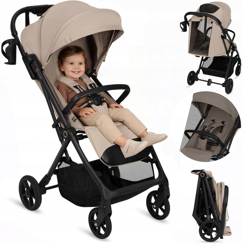 Carucior sport, Lionelo, Tansi, Pliere automata, Ultracompact, Manevrare cu o mana, Roti cu tehnologie GravelTech, Spatar si suport picioare reglabile, 6-48 luni, Sustine 22 kg, Bej
