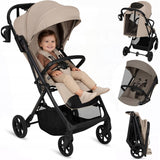 Carucior sport, Lionelo, Tansi, Pliere automata, Ultracompact, Manevrare cu o mana, Roti cu tehnologie GravelTech, Spatar si suport picioare reglabile, 6-48 luni, Sustine 22 kg, Bej