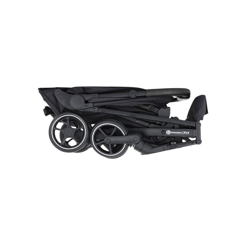 Carucior sport, Petite&Mars, Fly, Pliere compacta, Spatar reglabil pana la pozitie de somn, Suport picioare reglabil, Copertina extensibila cu protectie UPF40+, Suport pahar inclus, Pana la 22 kg, 0 luni+, Negru