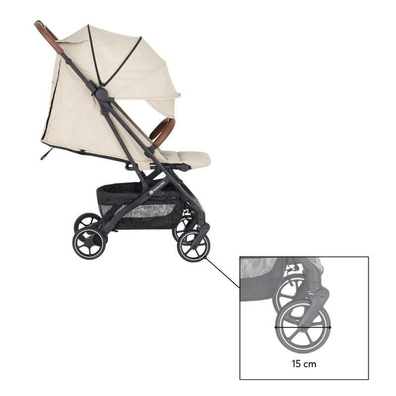 Carucior sport, Petite&Mars, Fly, Pliere compacta, Spatar reglabil pana la pozitie de somn, Suport picioare reglabil, Copertina extensibila cu protectie UPF40+, Suport pahar inclus, Pana la 22 kg, 0 luni+, Bej