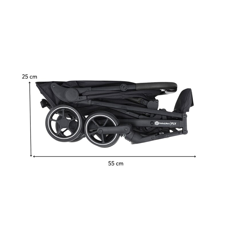 Carucior sport, Petite&Mars, Fly, Pliere compacta, Spatar reglabil pana la pozitie de somn, Suport picioare reglabil, Copertina extensibila cu protectie UPF40+, Suport pahar inclus, Pana la 22 kg, 0 luni+, Negru