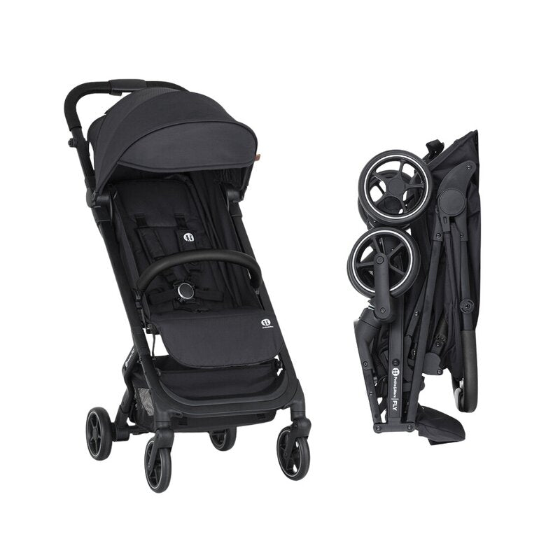 Carucior sport, Petite&Mars, Fly, Pliere compacta, Spatar reglabil pana la pozitie de somn, Suport picioare reglabil, Copertina extensibila cu protectie UPF40+, Suport pahar inclus, Pana la 22 kg, 0 luni+, Negru