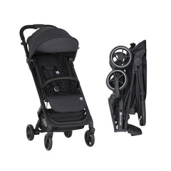 Carucior sport, Petite&Mars, Fly, Pliere compacta, Spatar reglabil pana la pozitie de somn, Suport picioare reglabil, Copertina extensibila cu protectie UPF40+, Suport pahar inclus, Pana la 22 kg, 0 luni+, Negru