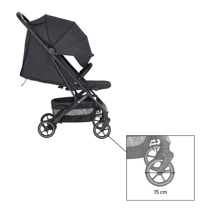 Carucior sport, Petite&Mars, Fly, Pliere compacta, Spatar reglabil pana la pozitie de somn, Suport picioare reglabil, Copertina extensibila cu protectie UPF40+, Suport pahar inclus, Pana la 22 kg, 0 luni+, Negru