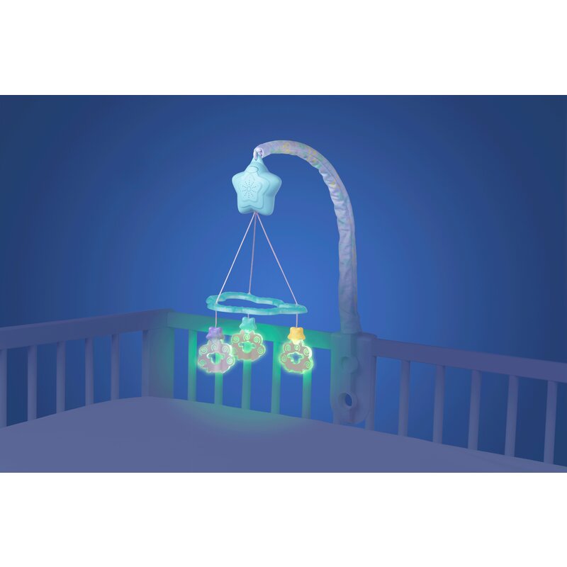 Carusel muzical, Playgro, Cu stelute si norisori, Pana la 30 de minute de muzica linistitoare, Cu 3 moduri de functionare: lumina si muzica, doar lumina sau doar muzica, Astasabil la patut, Fara BPA, Dreamtime Soothing Light Up Mobile