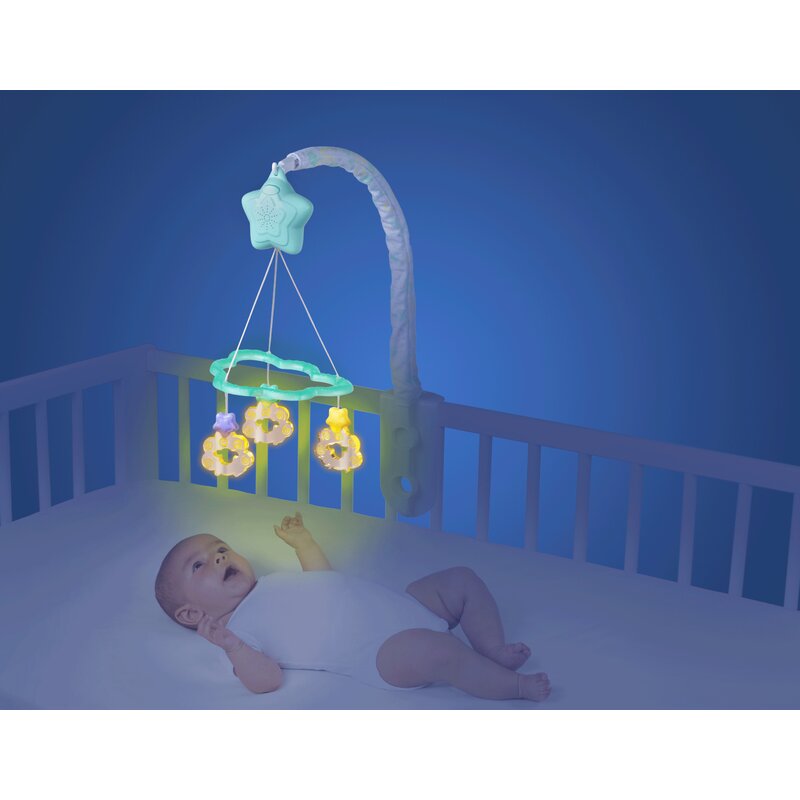 Carusel muzical, Playgro, Cu stelute si norisori, Pana la 30 de minute de muzica linistitoare, Cu 3 moduri de functionare: lumina si muzica, doar lumina sau doar muzica, Astasabil la patut, Fara BPA, Dreamtime Soothing Light Up Mobile