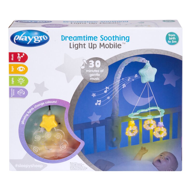 Carusel muzical, Playgro, Cu stelute si norisori, Pana la 30 de minute de muzica linistitoare, Cu 3 moduri de functionare: lumina si muzica, doar lumina sau doar muzica, Astasabil la patut, Fara BPA, Dreamtime Soothing Light Up Mobile