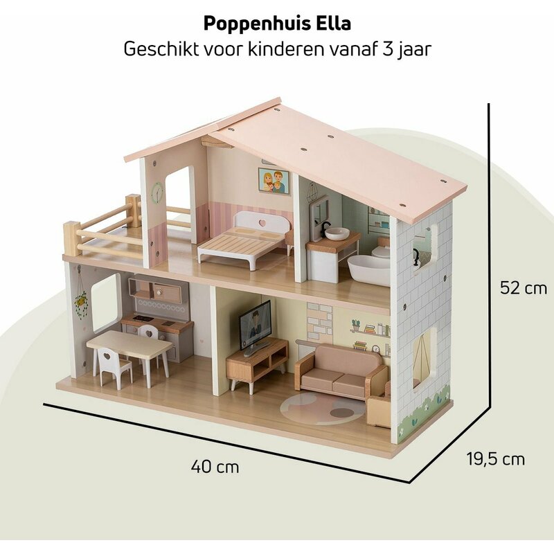 Casuta de papusi, Free2Play, Din lemn, Cu 13 piese de mobilier, Cu acces facil, 52 x 19,5 x 40 cm, 36 luni+, Multicolor
