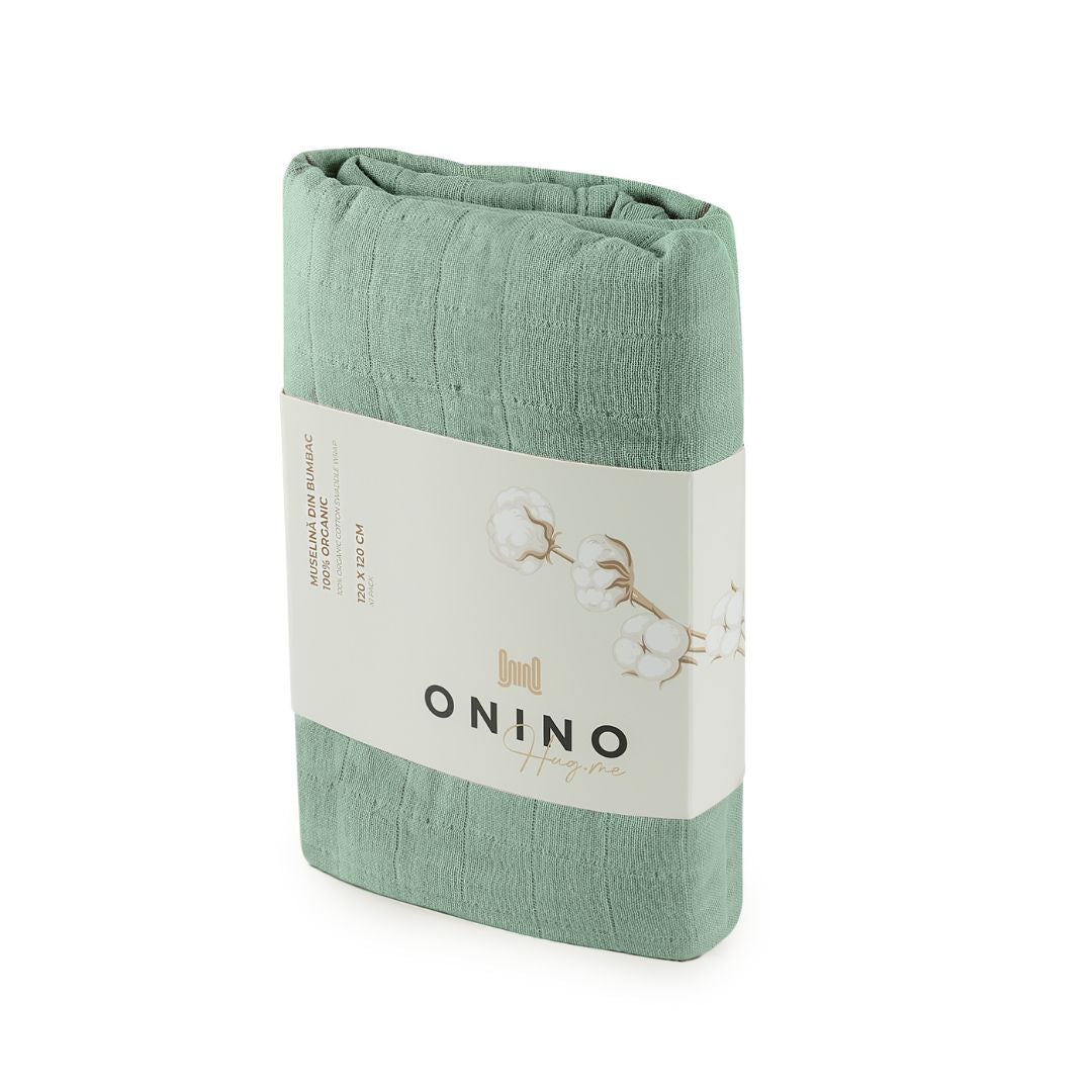 ONINO - Muselina multifunctionala din bumbac 100% organic, HUG.me, Serene Green, x1 bucata, 120 x 120 cm, certificata GOTS