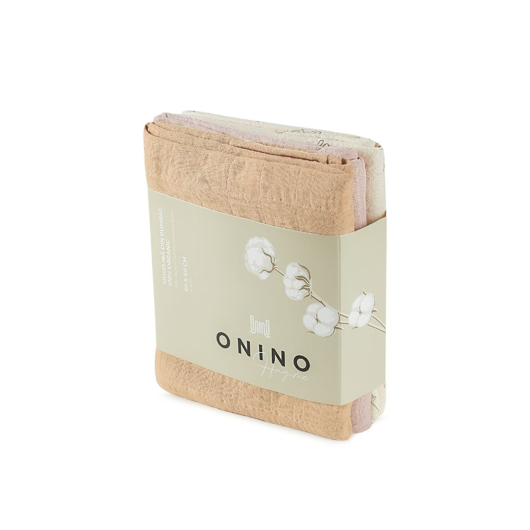 ONINO - Muselina multifunctionala din bumbac 100% organic, HUG.me, Pure Bloom, x3 bucati, 60 x 60 cm, certificata GOTS - gogobaby.ro