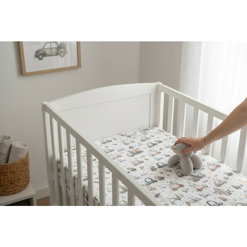 Cearceaf cu elastic, MimiNu, Pentru patut 120X60 cm, Din bumbac certificat Oeko Tex Standard 100, Design, Cars Grey