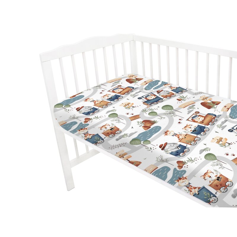 Cearceaf cu elastic, MimiNu, Pentru patut 120X60 cm, Din bumbac certificat Oeko Tex Standard 100, Design, Zoo in train