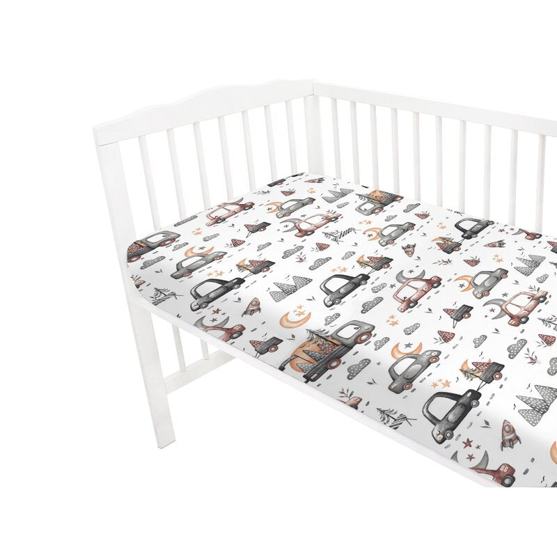 Cearceaf cu elastic, MimiNu, Pentru patut 140X70 cm, Din bumbac certificat Oeko Tex Standard 100, Design, Cars Grey
