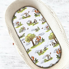 Cearceaf cu elastic, Qmini, Pentru landou, carucior si cosulet, Dimensiune 80x35 cm, Din bumbac certificat Oeko Tex Standard 100, Fox on bikes Natural
