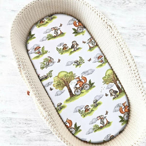 Cearceaf cu elastic, Qmini, Pentru landou, carucior si cosulet, Dimensiune 80x35 cm, Din bumbac certificat Oeko Tex Standard 100, Fox on bikes Natural