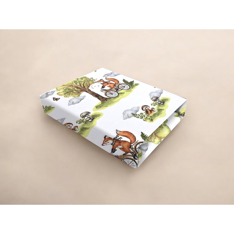 Cearceaf cu elastic, Qmini, Pentru patut 120X60 cm, Din bumbac certificat Oeko Tex Stard 100, Fox on bikes Natural