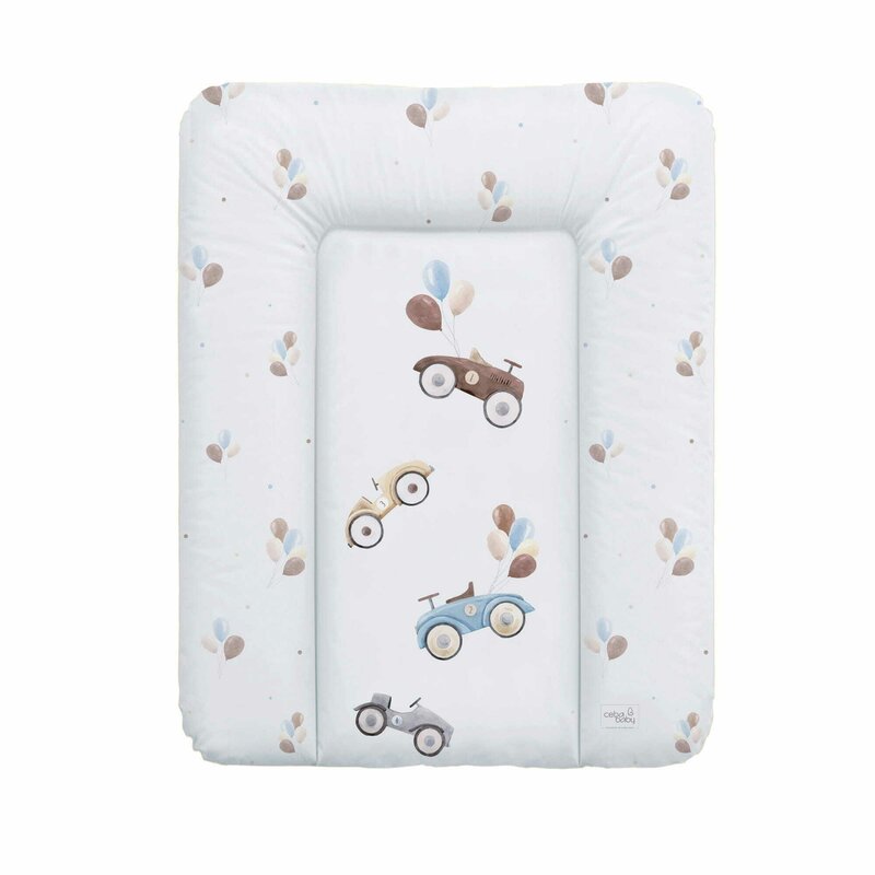 Saltea de infasat, Ceba Baby moale Retro Cars, Fara ftalati, 70 x 50 cm, Alb/Bej - gogobaby.ro