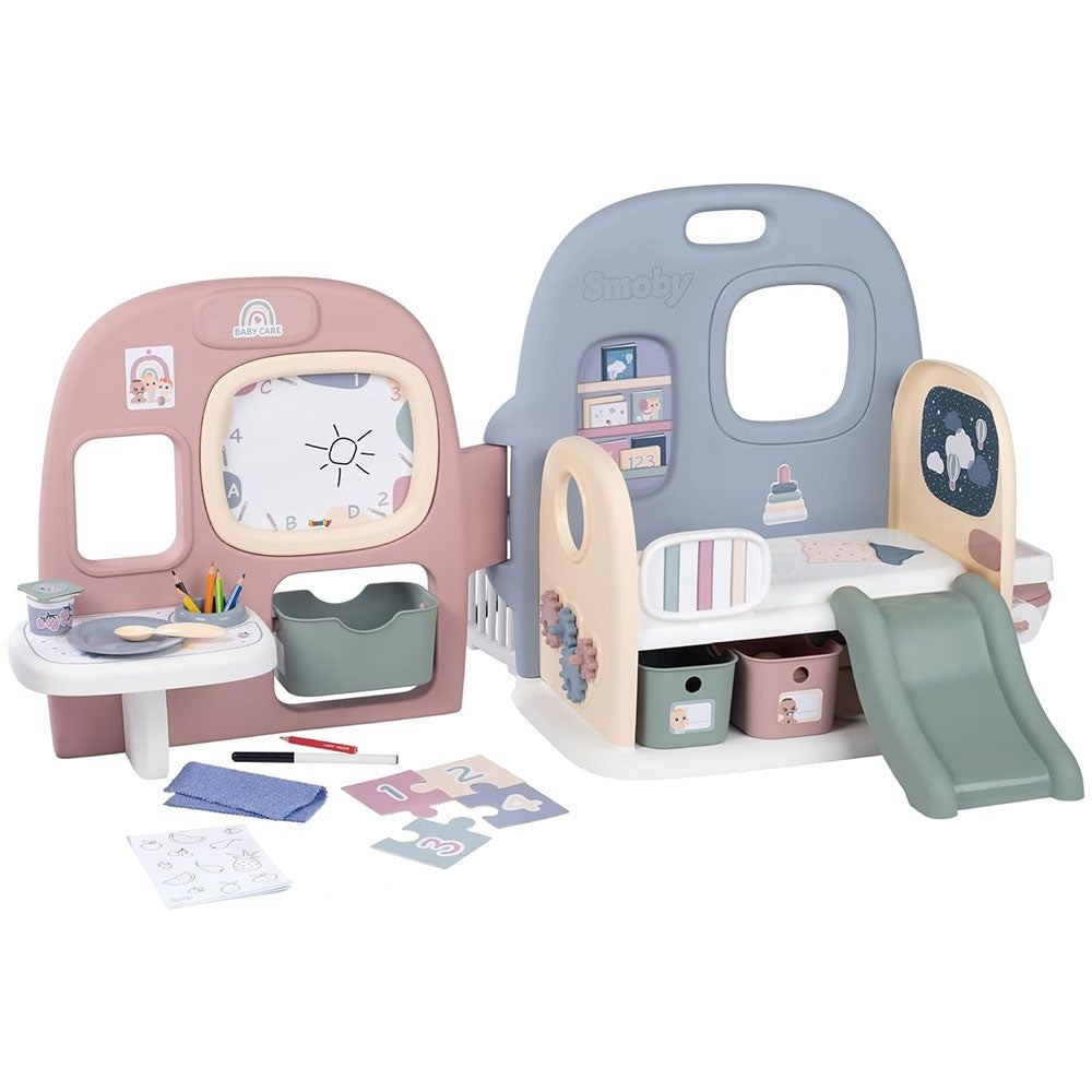 Centru de ingrijire pentru papusi Smoby Baby Care Childcare Center albastru roz cu accesorii - gogobaby.ro