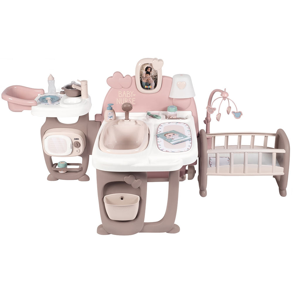 Centru de ingrijire pentru papusi Smoby Baby Nurse Doll`s Play Center maro cu 23 accesorii - gogobaby.ro