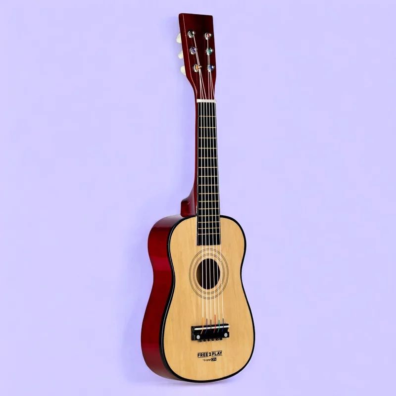 Chitara din lemn, Free2Play, Cu 6 corzi metalice, Dezvolta abilitatile motorii, Stimuleaza auzul si atentia auditiva, 59 cm, 3 ani+, Brown
