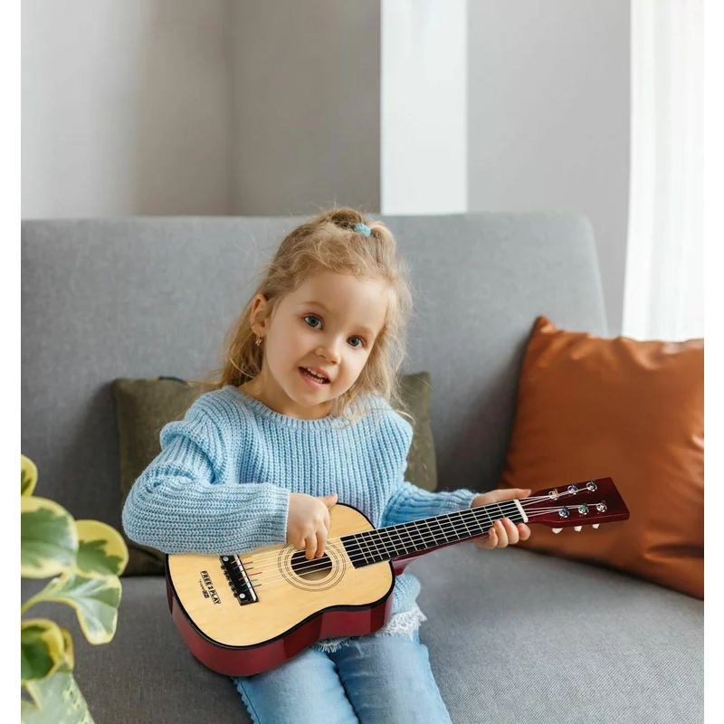 Chitara din lemn, Free2Play, Cu 6 corzi metalice, Dezvolta abilitatile motorii, Stimuleaza auzul si atentia auditiva, 59 cm, 3 ani+, Brown