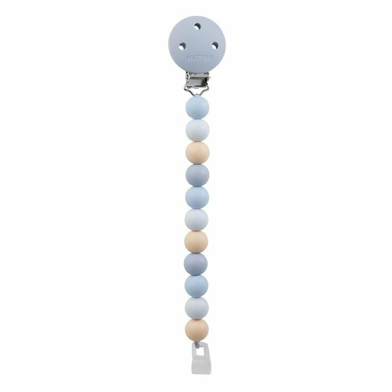 Clema pentru suzeta, Nattou, 100% silicon fara BPA, Cu sistem de prindere la suzeta, Cu margele, 30x7x18 cm, Neutru/Albastru
