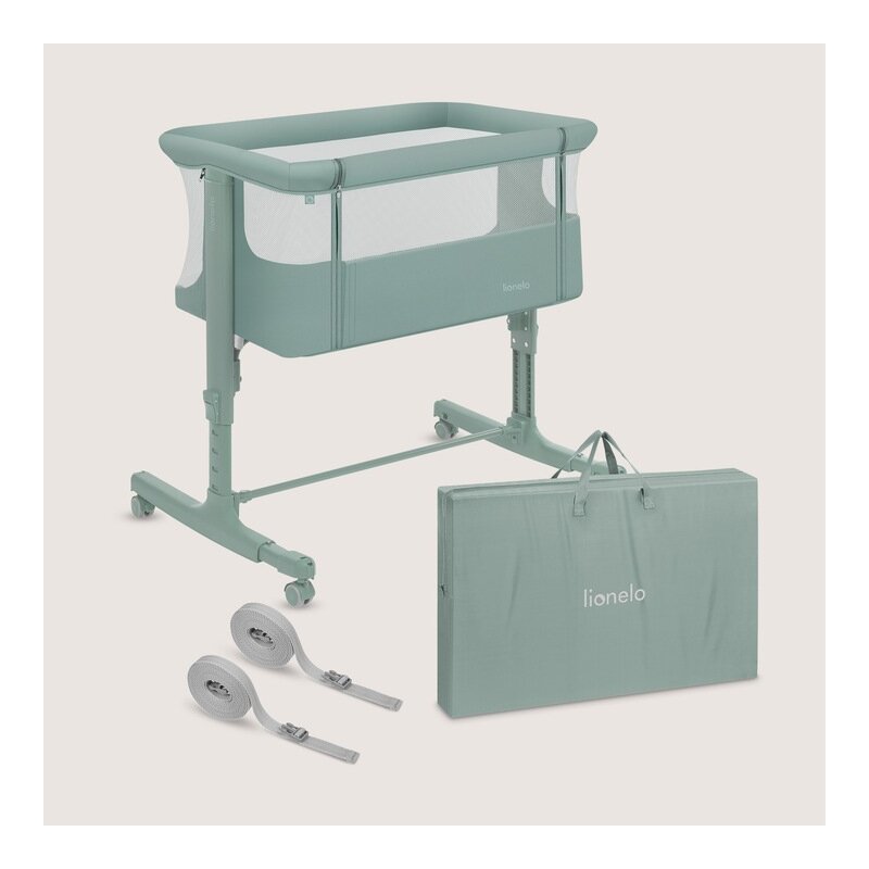 Patut co-sleeper, Lionelo, Aurora, 3 in 1, Cu leganare si setare unghiulara, Saltea cu densitate T25 si geanta transport, Reglabil in 5 pozitii pe inaltime, Pana la 9 kg, 0 luni+, 85x60x66 cm, EN 1130:2019+AC:2020, EN 16890:2, Verde