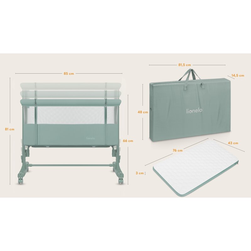 Patut co-sleeper, Lionelo, Aurora, 3 in 1, Cu leganare si setare unghiulara, Saltea cu densitate T25 si geanta transport, Reglabil in 5 pozitii pe inaltime, Pana la 9 kg, 0 luni+, 85x60x66 cm, EN 1130:2019+AC:2020, EN 16890:2, Verde