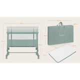 Patut co-sleeper, Lionelo, Aurora, 3 in 1, Cu leganare si setare unghiulara, Saltea cu densitate T25 si geanta transport, Reglabil in 5 pozitii pe inaltime, Pana la 9 kg, 0 luni+, 85x60x66 cm, EN 1130:2019+AC:2020, EN 16890:2, Verde