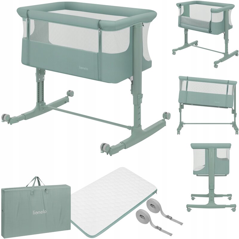 Patut co-sleeper, Lionelo, Aurora, 3 in 1, Cu leganare si setare unghiulara, Saltea cu densitate T25 si geanta transport, Reglabil in 5 pozitii pe inaltime, Pana la 9 kg, 0 luni+, 85x60x66 cm, EN 1130:2019+AC:2020, EN 16890:2, Verde