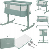 Patut co-sleeper, Lionelo, Aurora, 3 in 1, Cu leganare si setare unghiulara, Saltea cu densitate T25 si geanta transport, Reglabil in 5 pozitii pe inaltime, Pana la 9 kg, 0 luni+, 85x60x66 cm, EN 1130:2019+AC:2020, EN 16890:2, Verde