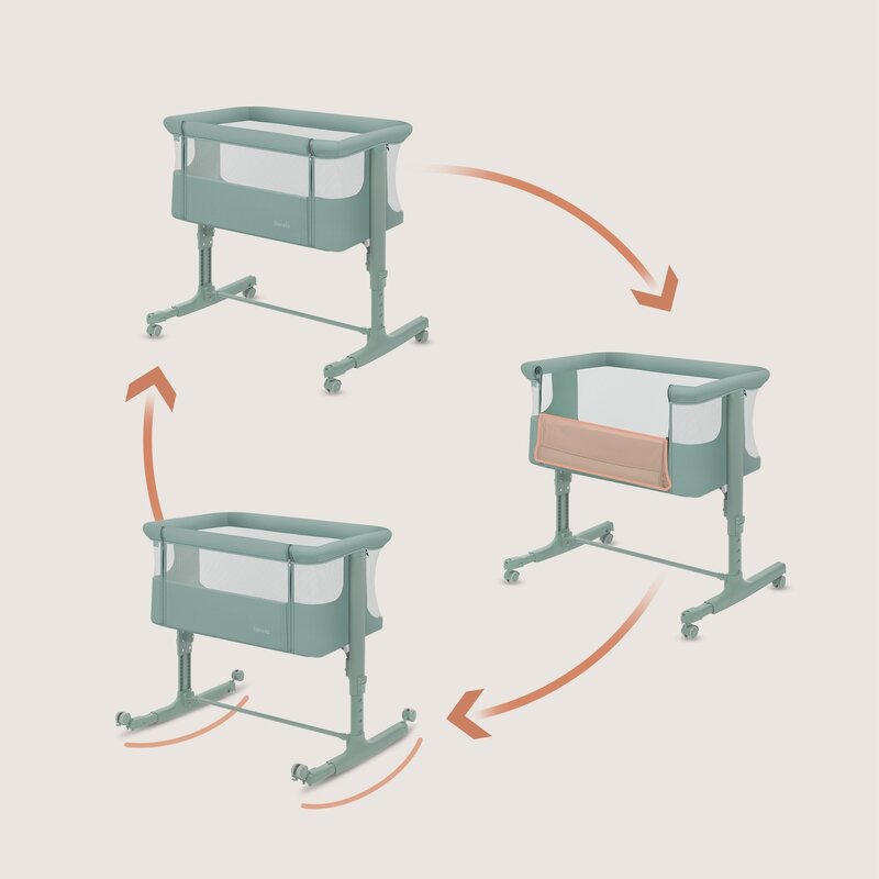 Patut co-sleeper, Lionelo, Aurora, 3 in 1, Cu leganare si setare unghiulara, Saltea cu densitate T25 si geanta transport, Reglabil in 5 pozitii pe inaltime, Pana la 9 kg, 0 luni+, 85x60x66 cm, EN 1130:2019+AC:2020, EN 16890:2, Verde