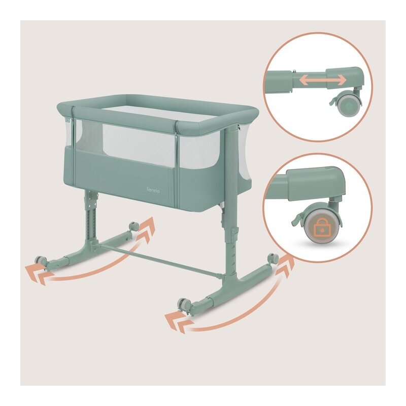 Patut co-sleeper, Lionelo, Aurora, 3 in 1, Cu leganare si setare unghiulara, Saltea cu densitate T25 si geanta transport, Reglabil in 5 pozitii pe inaltime, Pana la 9 kg, 0 luni+, 85x60x66 cm, EN 1130:2019+AC:2020, EN 16890:2, Verde