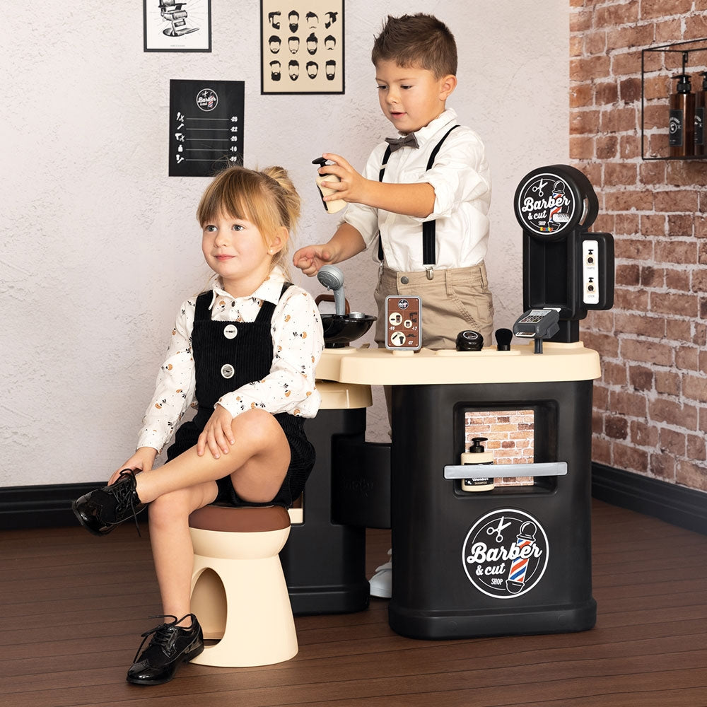 Salon coafura pentru copii Smoby Barber Shop, Barber and Cut negru - gogobaby.ro
