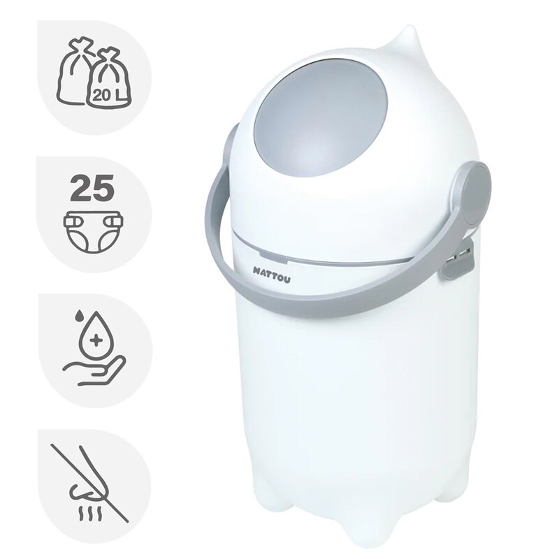 Cos pentru scutece, Nattou, Dropy, Sistem etans impotriva mirosurilor, Compatibil cu saci universali, Operare cu o mana, Potrivit pentru cca 25 scutece, 27 × 27 × 48.5 cm, 20 l, Alb