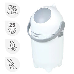 Cos pentru scutece, Nattou, Dropy, Sistem etans impotriva mirosurilor, Compatibil cu saci universali, Operare cu o mana, Potrivit pentru cca 25 scutece, 27 × 27 × 48.5 cm, 20 l, Alb