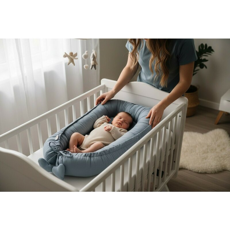 Cosulet bebelus, Feedo, Pentru dormit, joaca, protectie in patut, Baby Nest 90x60 cm, Din bumbac 100%, Design cu inimioare, Albastru