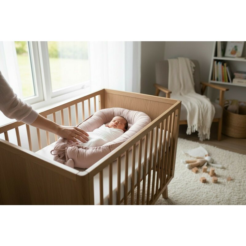 Cosulet bebelus, Feedo, Pentru dormit, joaca, protectie in patut, Baby Nest 90x60 cm, Din bumbac 100%, Design cu inimioare, Roz