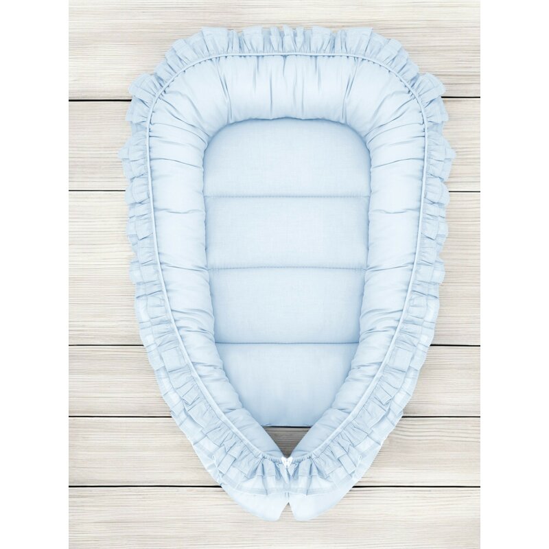 Cosulet bebelus, MimiNu, Pentru dormit, Baby Nest 55 x 75 cm, Cu Volanase, Husa 100% bumbac, Din bumbac certificat Oeko Tex Standard 100, Colectia Royal, Blue