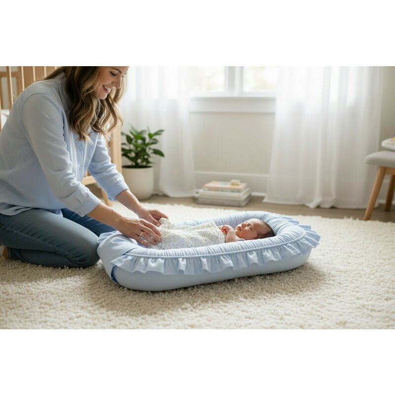 Cosulet bebelus, MimiNu, Pentru dormit, Baby Nest 55 x 75 cm, Cu Volanase, Husa 100% bumbac, Din bumbac certificat Oeko Tex Standard 100, Colectia Royal, Blue