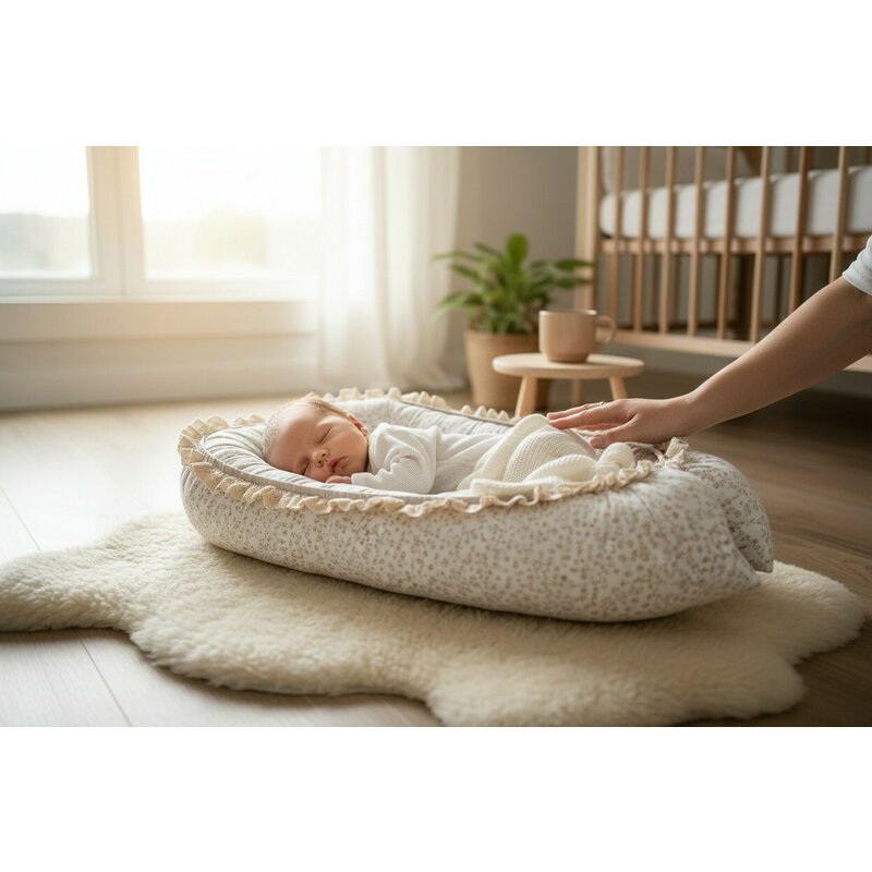 Cosulet bebelus, MimiNu, Premium, Pentru dormit, Baby Nest 55 x 75 cm, Cu Volanase si dantela, Husa 100% bumbac, Din bumbac certificat Oeko Tex Standard 100, Meadow