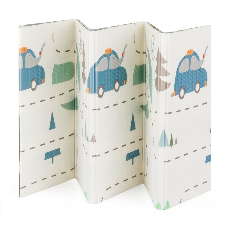 Covoras de joaca, Petite&Mars, Reversibil, Include geanta pentru transport, Pliabil si impermeabil, Non-toxic, 197 x 147 x 1 cm, Campy Cars, 0 luni+, Multicolor