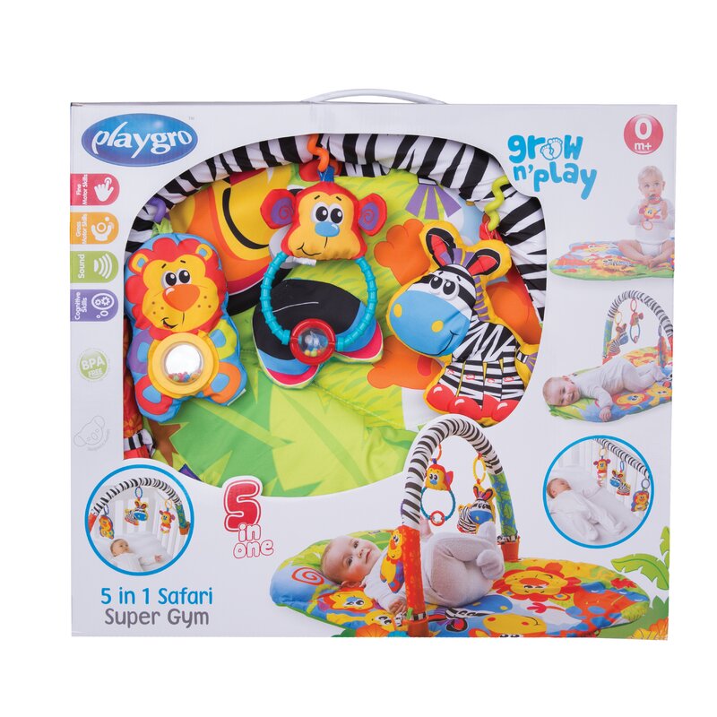 Covoras educational, Playgro, Pentru copii, Interactiv, Multifunctional, Pentru activitati fizice, Cu elemente detasabile, 0 luni+, 5 in 1 Safari Super Gym