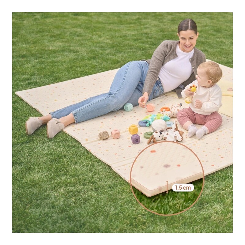 Covoras educativ, Lionelo, Zora, Din spuma XPE non-toxica, Cu doua fete, Suprafata antiderapanta, Dimensiune mare, 180x200 cm, Grosime 1.5 cm, Pliabil, Include geanta pentru transport, Bej