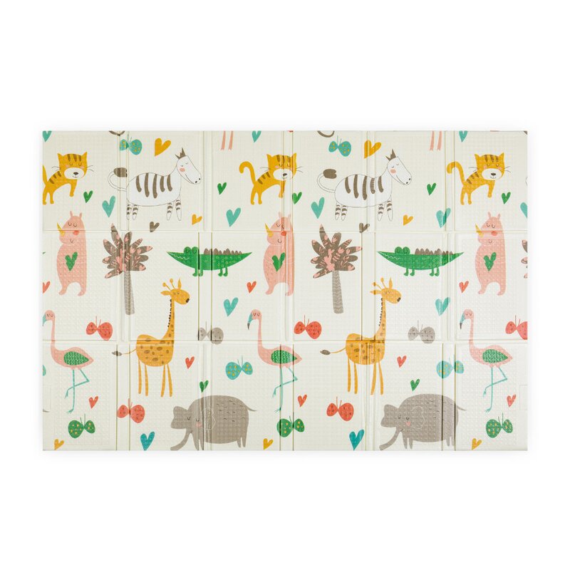 Covoras educativ, Petite&Mars, Campy L, Din spuma XPE non-toxica, Cu doua fete, Suprafata antiderapanta, 130x200 cm, Pliabil compact 40×32×21 cm, Model animalute si forme geometrice