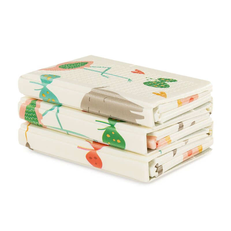 Covoras educativ, Petite&Mars, Campy L, Din spuma XPE non-toxica, Cu doua fete, Suprafata antiderapanta, 130x200 cm, Pliabil compact 40×32×21 cm, Model animalute si forme geometrice