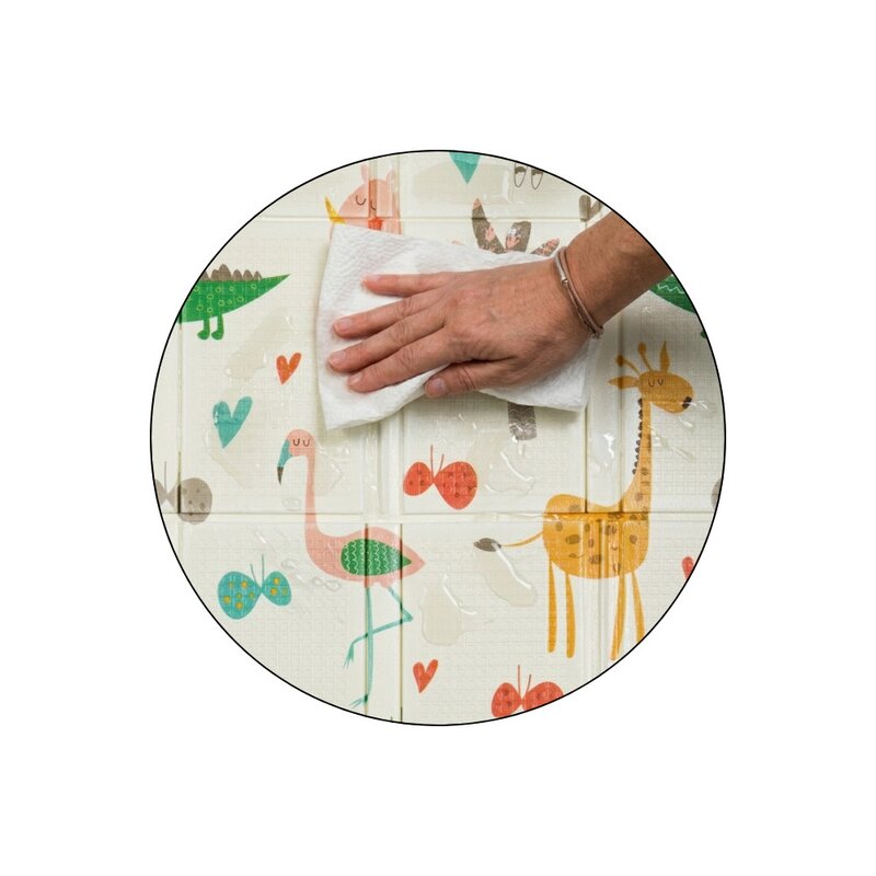 Covoras educativ, Petite&Mars, Campy L, Din spuma XPE non-toxica, Cu doua fete, Suprafata antiderapanta, 130x200 cm, Pliabil compact 40×32×21 cm, Model animalute si forme geometrice