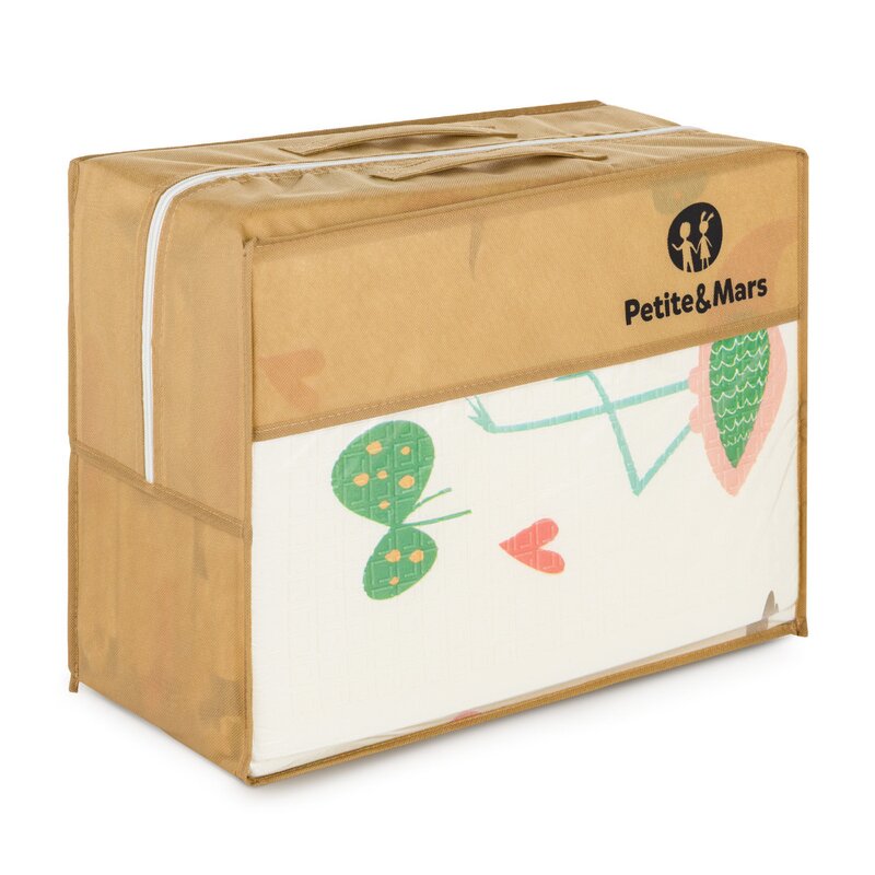 Covoras educativ, Petite&Mars, Campy L, Din spuma XPE non-toxica, Cu doua fete, Suprafata antiderapanta, 130x200 cm, Pliabil compact 40×32×21 cm, Model animalute si forme geometrice